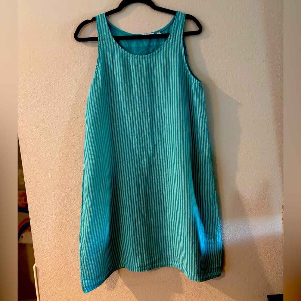 VASNA Turquoise Linen Striped Mini Dress/ Beach Coverup